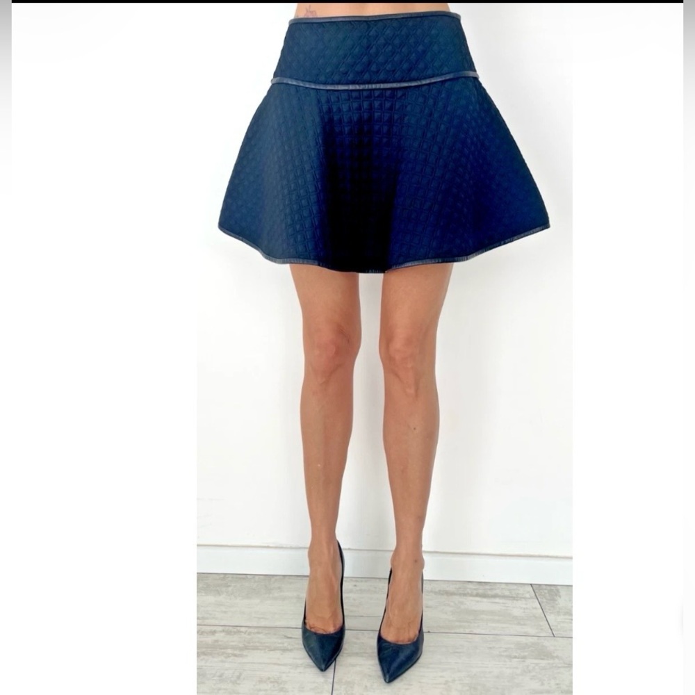 RED Valentino -Elegant Black A-Line Wool Blend Skater Skirt / Leather Piping